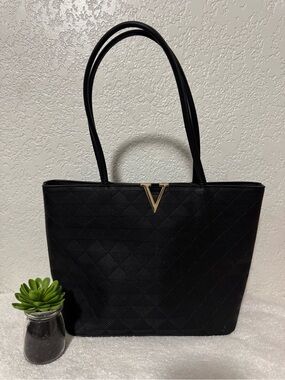 Black Quilted Tote Bag with Gold V Accent - Women Bags